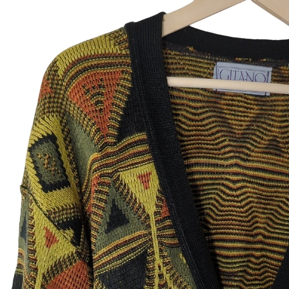 Vintage 80s Gitano Cardigan Sweater Black Orange Lime Green Martini Cosby Medium - Picture 8 of 16